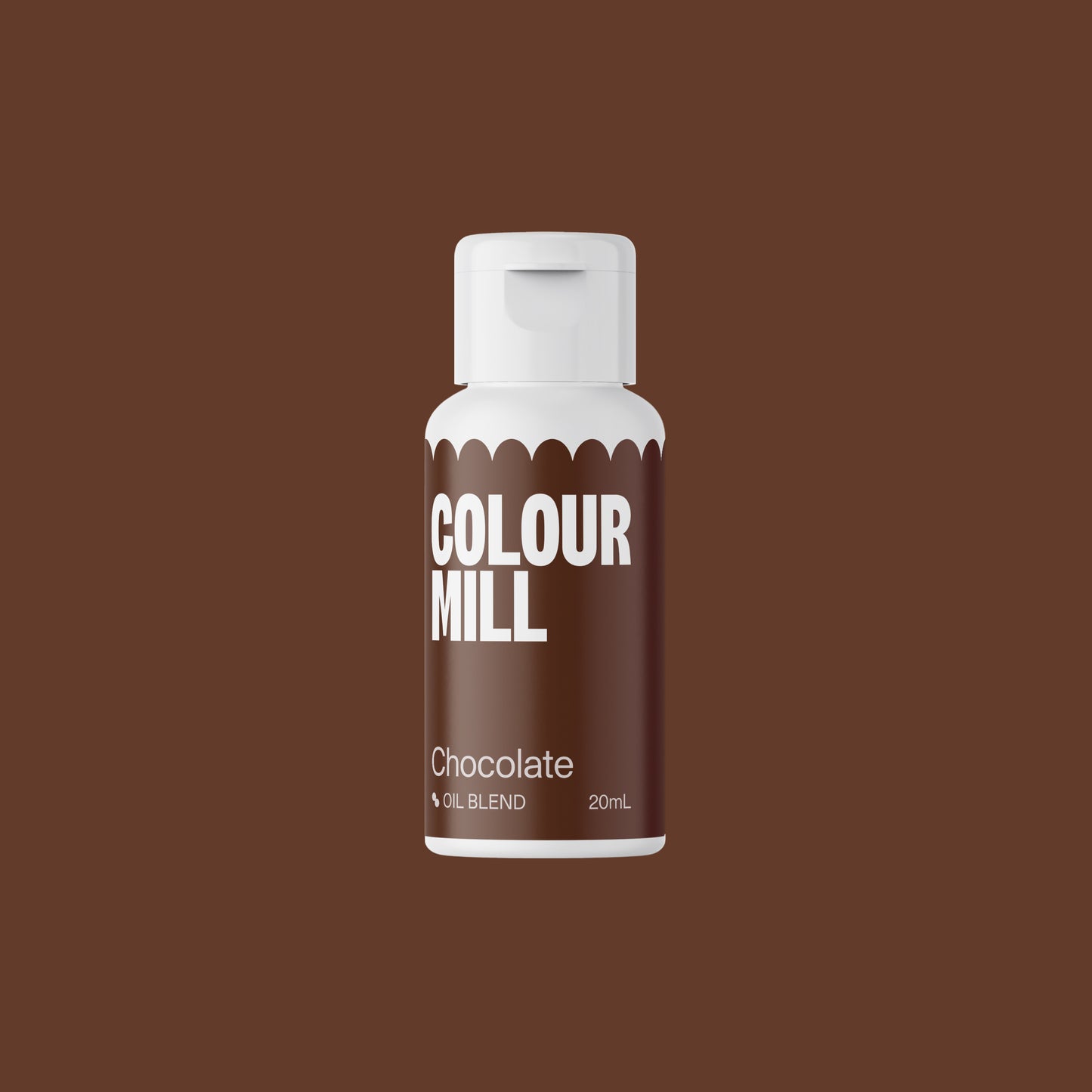 Bottle of Colour Mill chocolate colorant on a brown background
