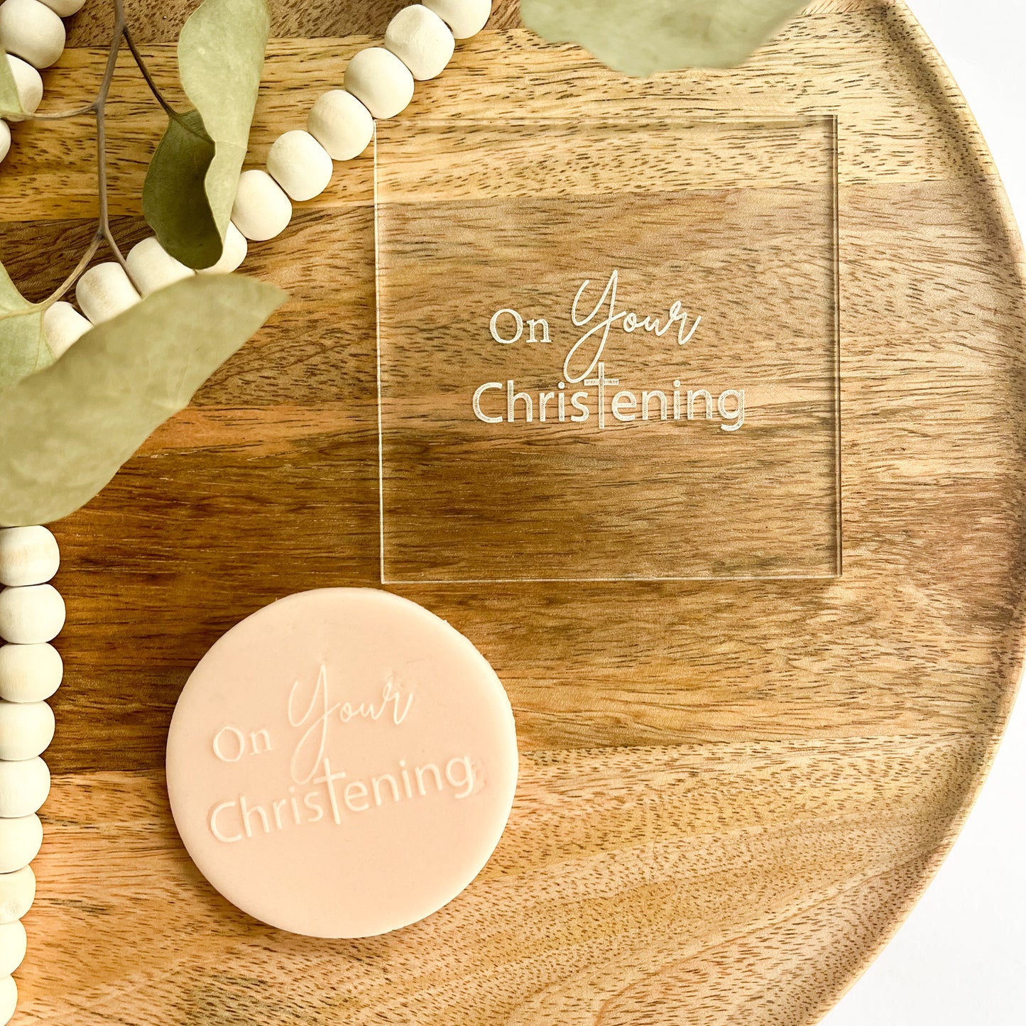 Spiritual “God Bless” cookie embosser with cross, perfect for baptisms, christenings, or religious celebrations.