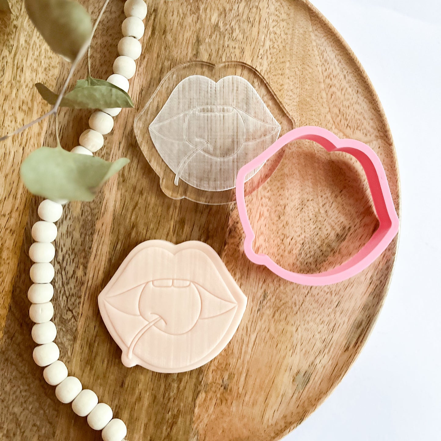 Lips with cherry cookie cutter and embosser, great for Valentine’s Day or bachelorette baking.