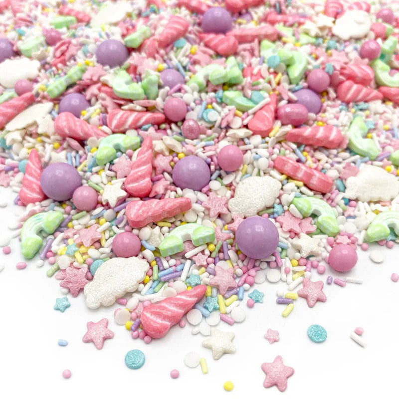 But First Unicorn sprinkle mix – whimsical rainbow sprinkles for unicorn-themed cakes, cupcakes, and cookies.