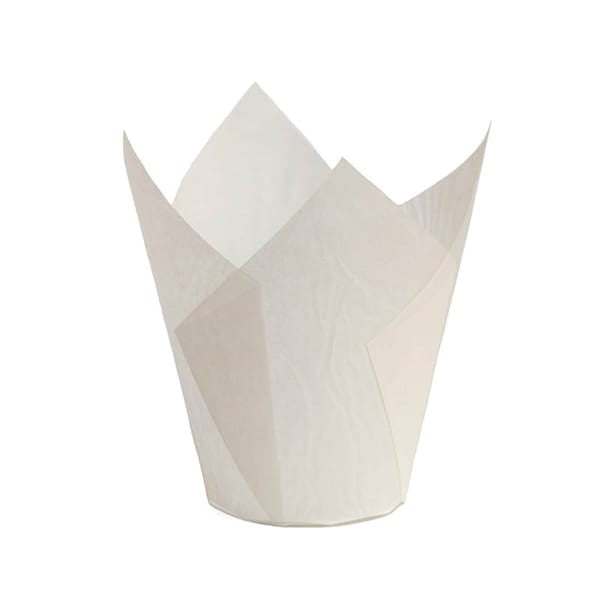 White tulip-shaped paper cupcake wrapper on a white background