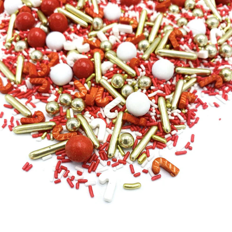 Holly Jolly sprinkle mix – vibrant red and green holiday sprinkles for Christmas cupcakes and desserts.
