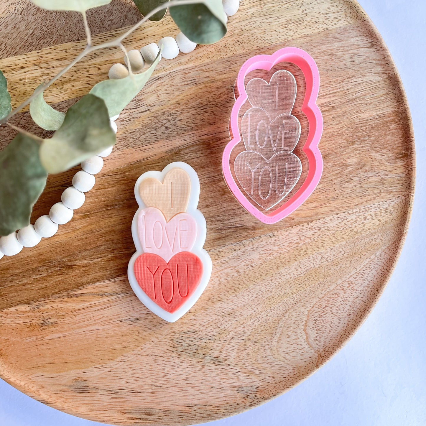 I Love You hearts embossed cookie cutter – romantic design for Valentine's Day and anniversary cookies.