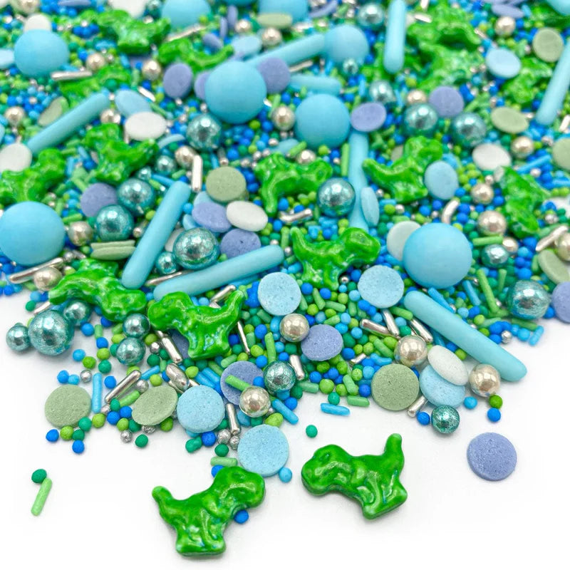 Jurassic Party sprinkle mix – fun green and brown dinosaur-themed sprinkles for kids’ birthday cakes and cookies.