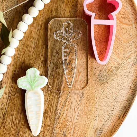 Carrot embossed cookie cutter – great for Easter, spring-themed, and garden party cookies.