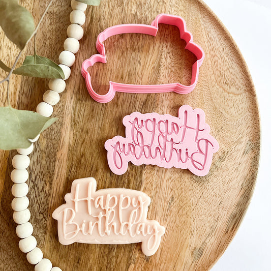 Happy Birthday script cookie cutter and embosser, perfect for birthday party baking and decorating.