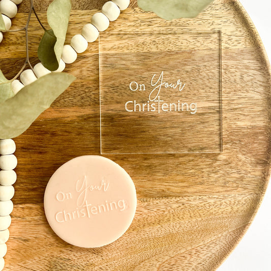 Spiritual “God Bless” cookie embosser with cross, perfect for baptisms, christenings, or religious celebrations.