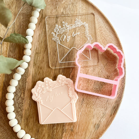Envelope cookie cutter with “My Love” and floral embossing, ideal for romantic cookies and gifts.