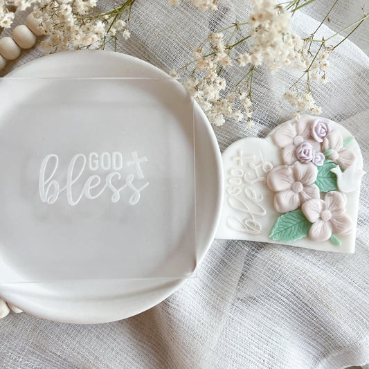 Spiritual “God Bless” cookie embosser with cross, perfect for baptisms, christenings, or religious celebrations.