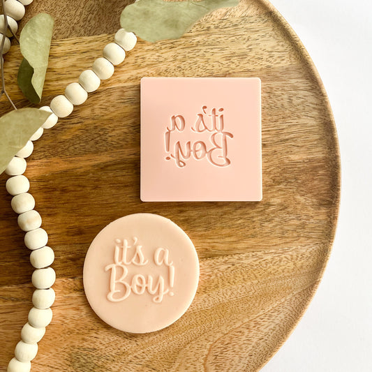 Script cookie embosser with “It’s a Boy” design, ideal for celebrating baby boys with custom cookies.