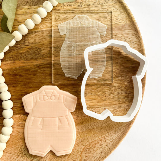 Baby romper cookie cutter and embosser set for baby showers, christenings, gender reveals, or newborn gift cookie decorating and fondant designs.