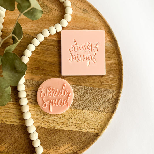 Bride Squad embossed cookie cutter – perfect for bachelorette party and bridal shower cookie decorations.