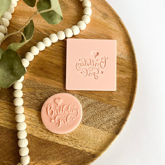 Chic Birthday Girl embossed cookie cutter – a cute and stylish design for birthday party cookies.