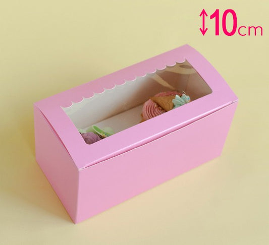 Pink display box with a window on a yellow background, containing small items.