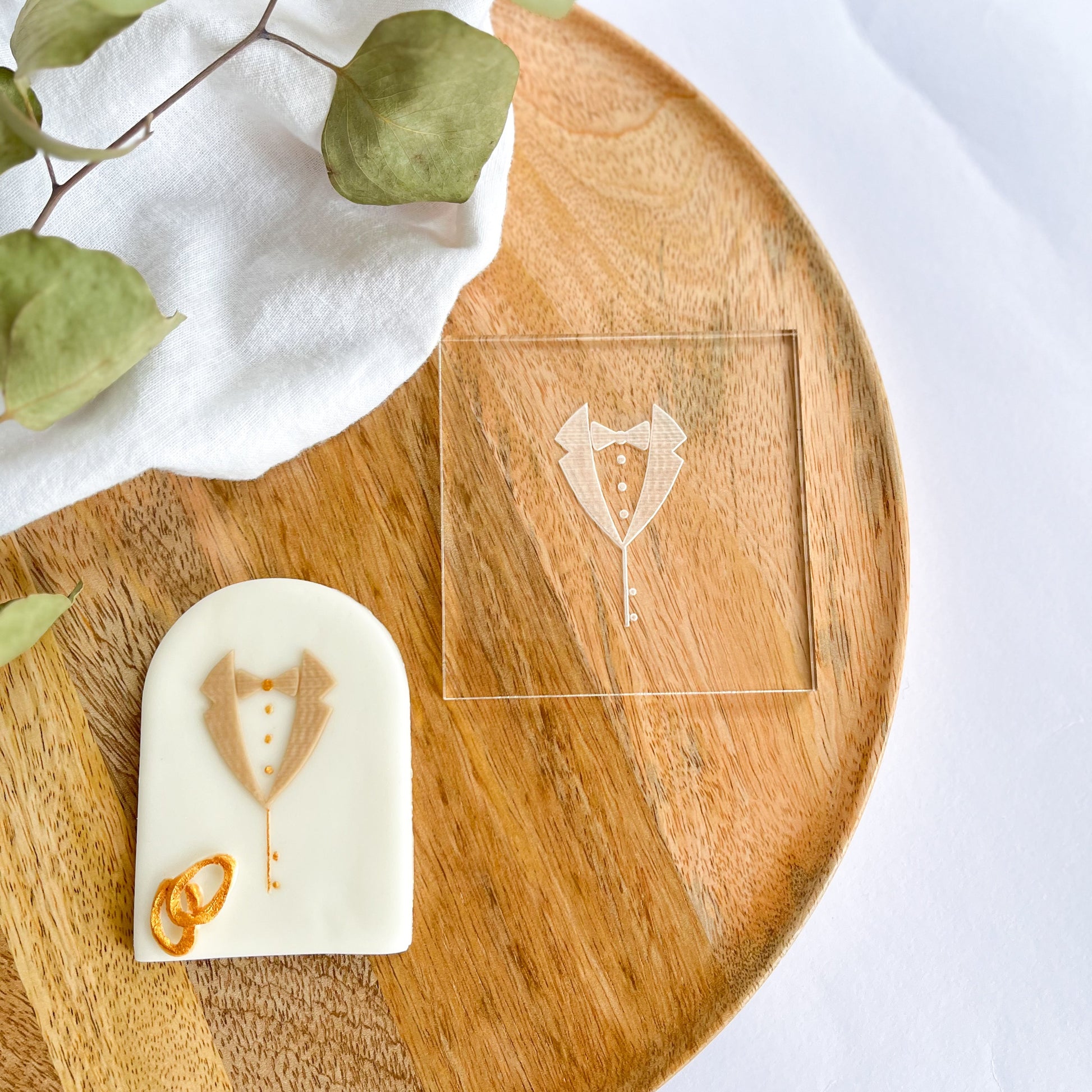 Dapper tuxedo embossed cookie cutter – perfect for wedding, groom, and formal event cookies.