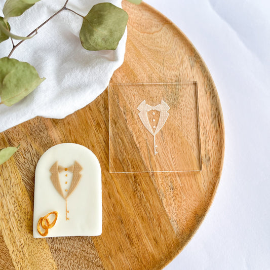 Dapper tuxedo embossed cookie cutter – perfect for wedding, groom, and formal event cookies.