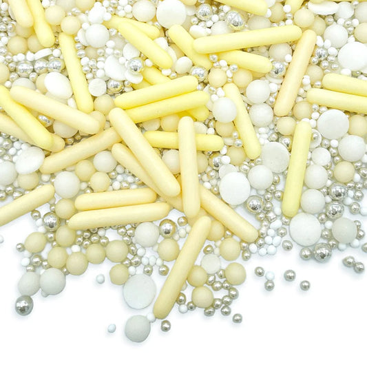 Peaches ‘n Cream sprinkle mix – soft peach and white sprinkles for elegant cookies and cakes.