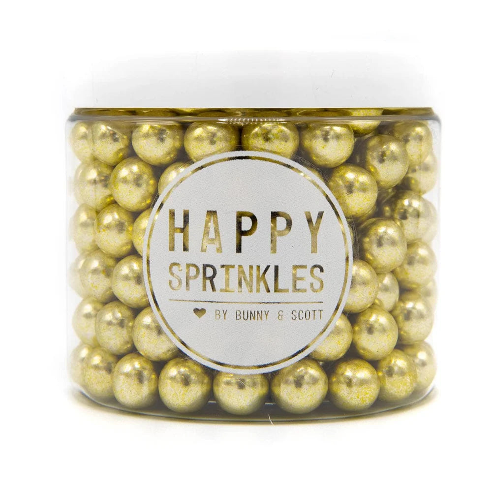 Gold metallic chocolate sprinkles – elegant edible decorations for cakes, cookies, and desserts.