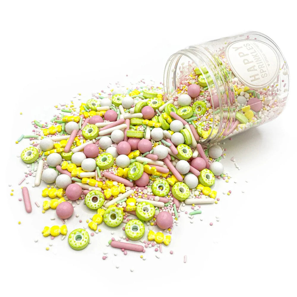 Donut Worry sprinkle mix – fun pink, white, and brown sprinkles perfect for donut-themed cakes and treats.