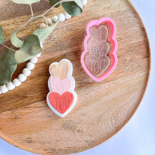 I Love You hearts embossed cookie cutter – romantic design for Valentine's Day and anniversary cookies.