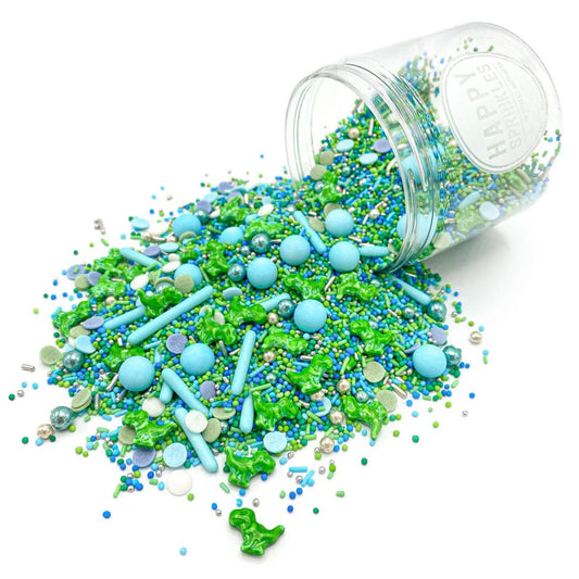 Jurassic Party sprinkle mix – fun green and brown dinosaur-themed sprinkles for kids’ birthday cakes and cookies.