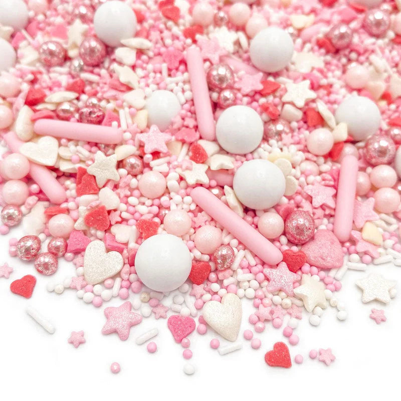 Love Birds sprinkle mix – charming red, pink, and white sprinkles for weddings, anniversaries, and romantic desserts.