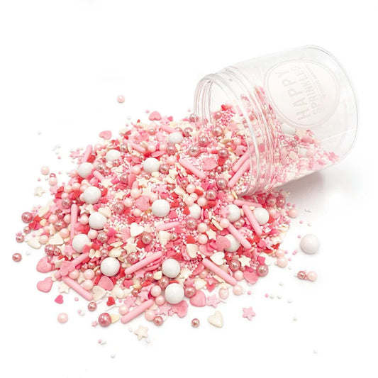 Love Birds sprinkle mix – charming red, pink, and white sprinkles for weddings, anniversaries, and romantic desserts.