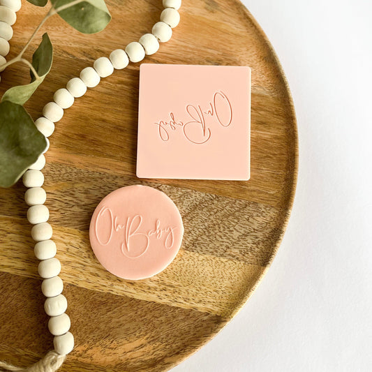 Oh Baby" Luxe embossed cookie cutter – perfect for baby showers and gender reveal cookie designs.